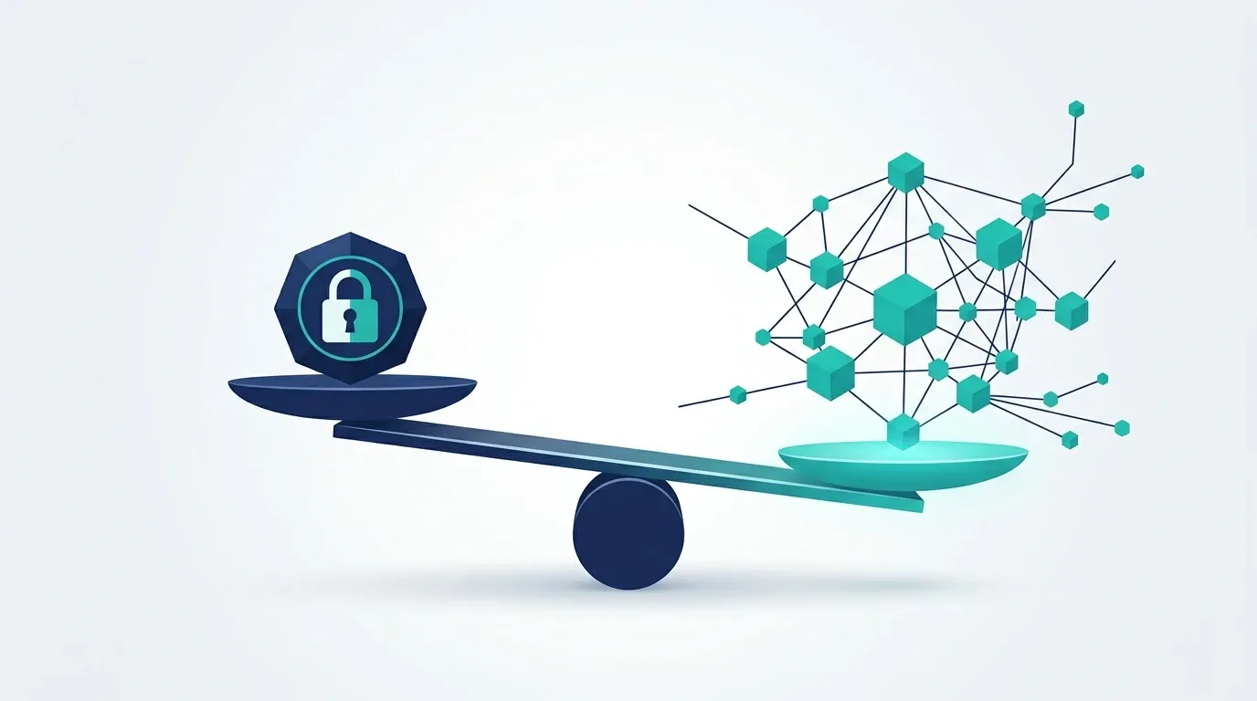Stylized balance scale with a padlock icon on one side and a branching network of connected nodes on the other