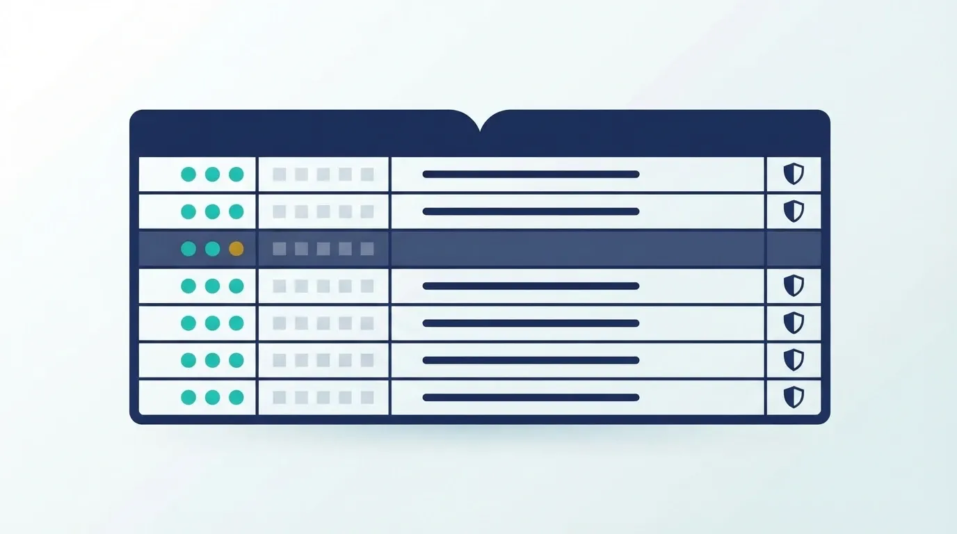 Stylized incident logbook: register with status dots and shield icons for each incident row