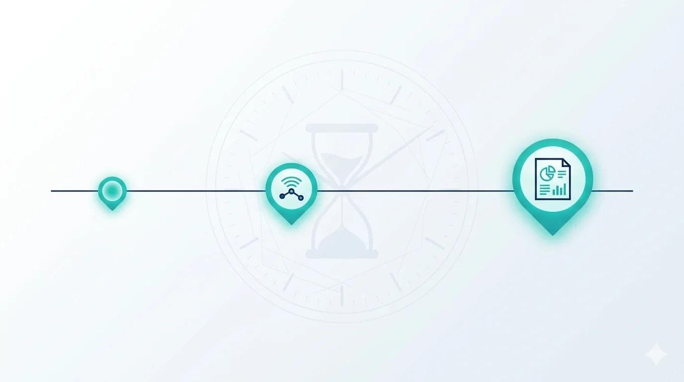 NIS2 incident reporting as three-stage timeline with hourglass — early warning 24 hours, initial notification 72 hours, final report 1 month to the BSI