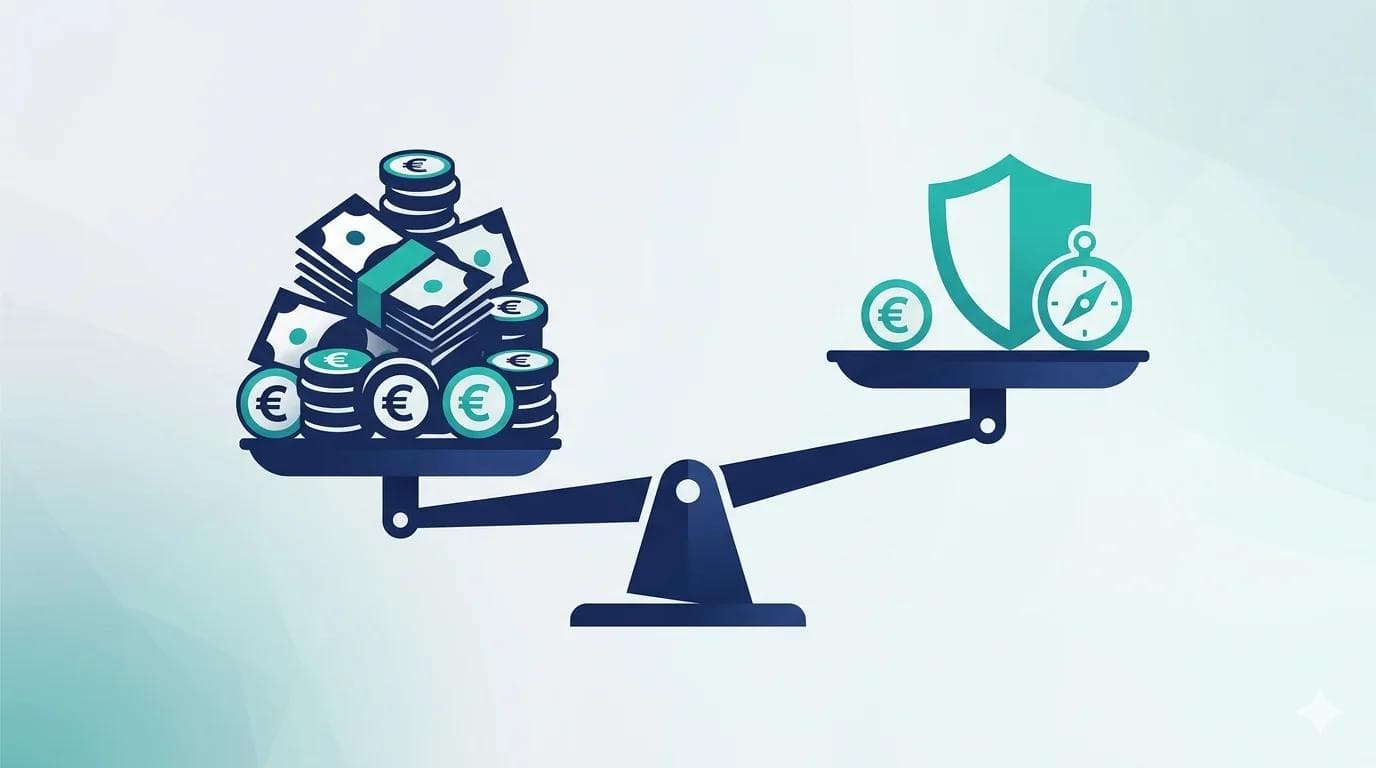 A scale weighs a large stack of euro coins against a light protective shield with compass — symbol for expensive NIS2 consulting versus the affordable NIS2Compass alternative