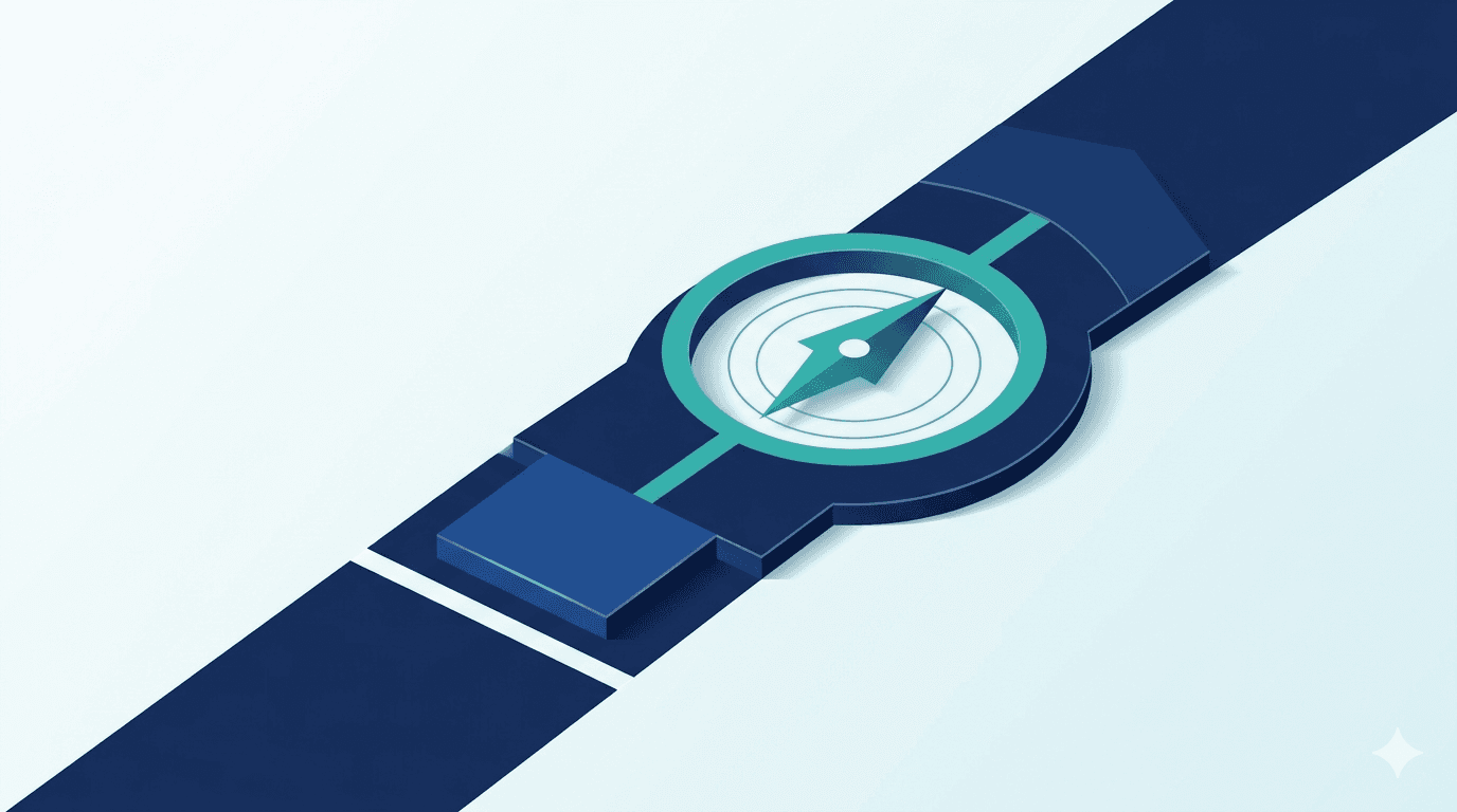 Compass on a diagonal path in dark blue and teal — symbolizing the structured entry into NIS2 compliance