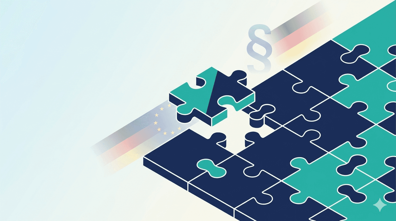 Abstrakte Illustration: Ein Puzzle in Dunkelblau und Teal, bei dem ein einzelnes Puzzleteil eingesetzt wird — symbolisiert die fehlende NIS2-Ergänzung für ISMS-Tools