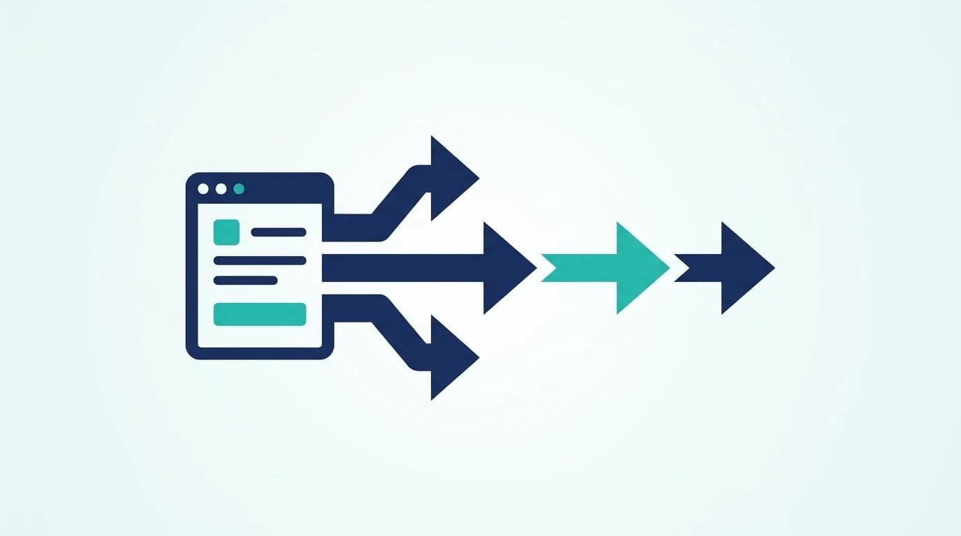 Abstract graphic: a notification form icon from which several dark blue arrows converge into a single teal arrow — symbolizing the multi-stage process after the initial report to the BSI