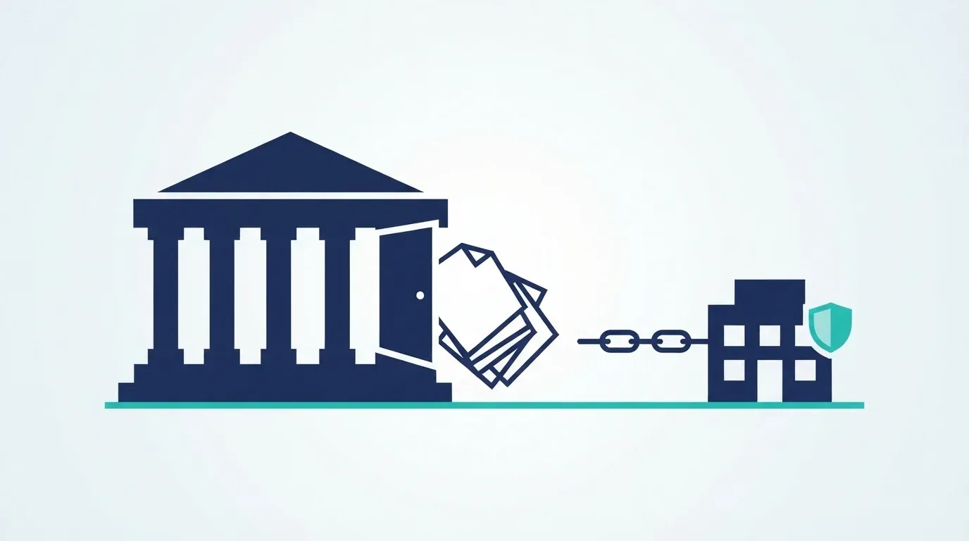Stylised government building with documents sliding out of an open door, linked by a chain to a smaller building protected by a shield