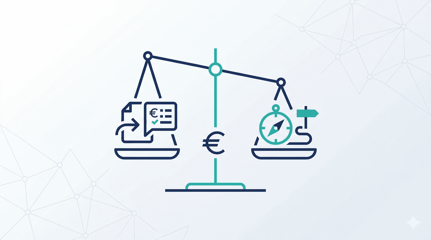 Stylized scale in dark blue and teal — consulting documents on one side, compass and signpost on the other, Euro sign in the middle — representing the cost comparison between NIS2 consulting and self-implementation