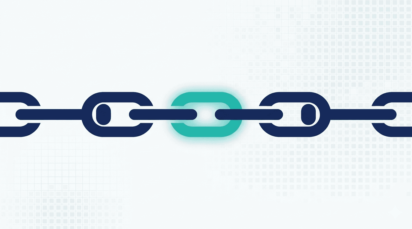 Abstract chain in dark blue with one highlighted, teal-glowing link — symbolizing employees as the central element of NIS2 cybersecurity