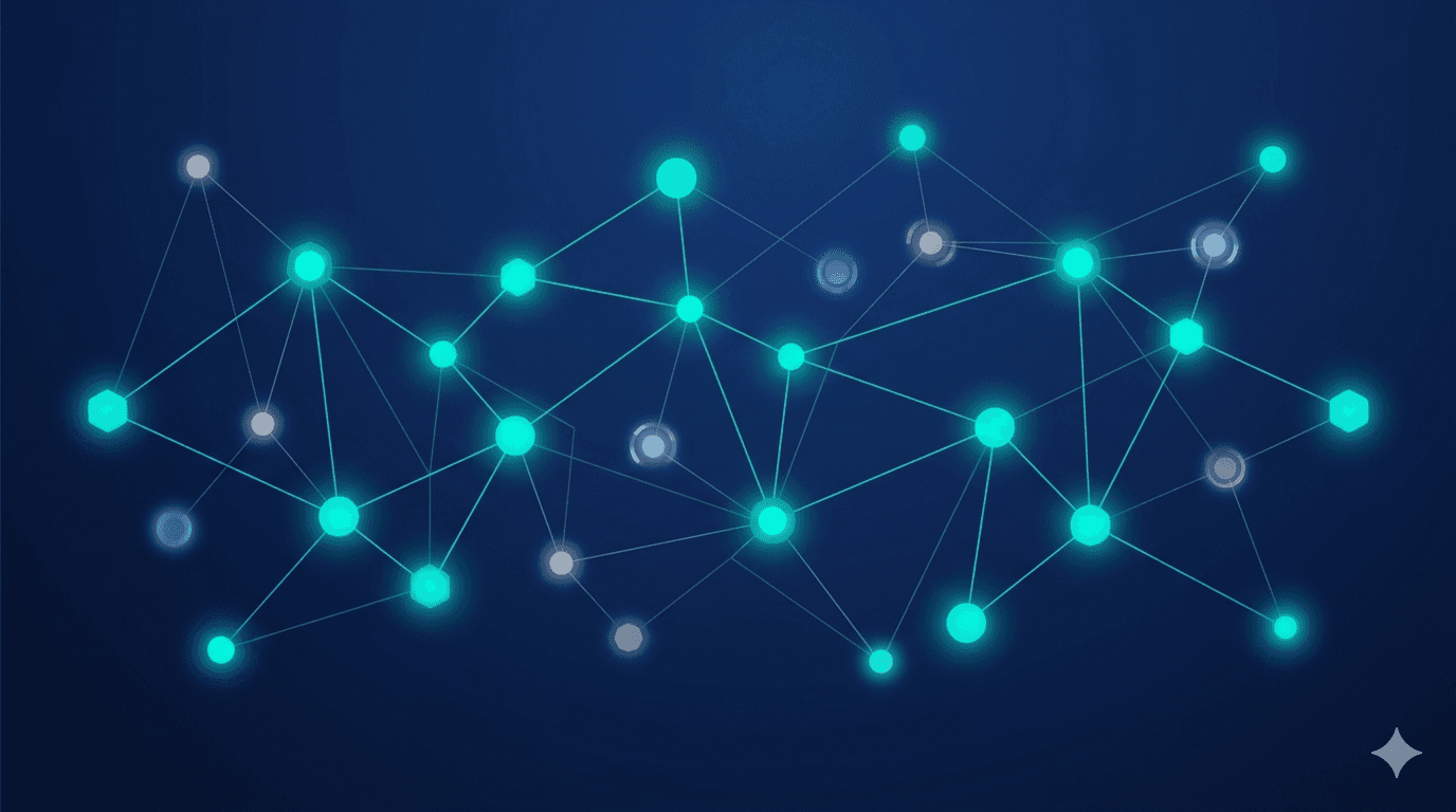 Abstraktes Netzwerkdiagramm mit leuchtend türkisen und gedimmten Knoten auf dunkelblauem Hintergrund – Symbolbild für NIS2-Sektoren mit unterschiedlichem Cybersicherheits-Reifegrad