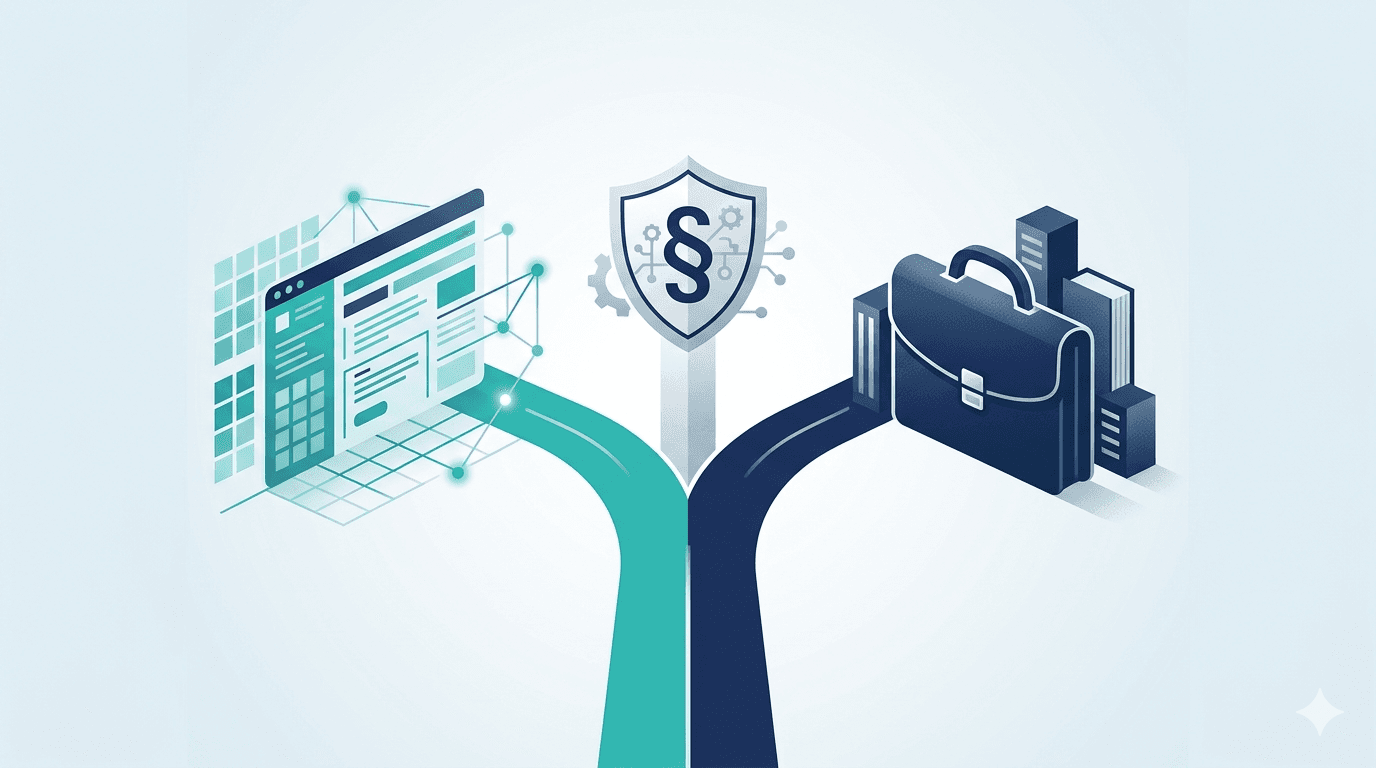 Fork in the road between a digital interface and a briefcase with NIS2 paragraph symbol — comparing digital advisor vs. traditional consulting firm