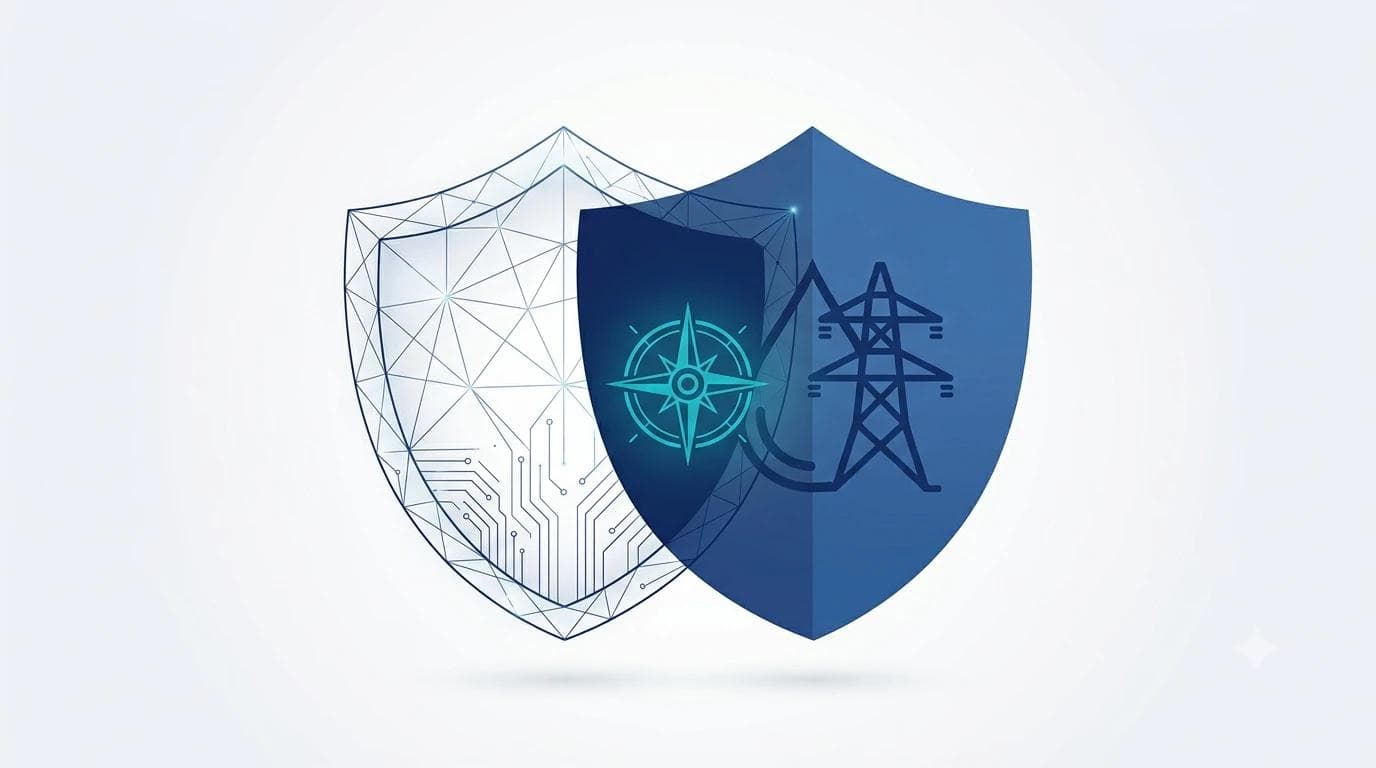 Zwei überlappende Schutzschilde, links aus Schaltkreislinien für Cybersicherheit, rechts mit Strommast-Symbol für physischen Schutz, in der Mitte ein Kompass-Symbol in Teal – Symbolbild für KRITIS-Dachgesetz und NIS2