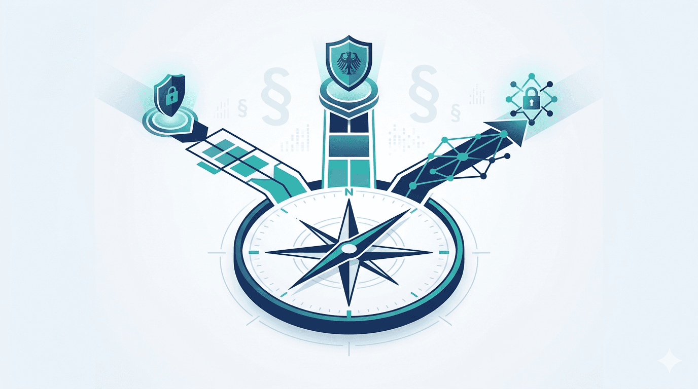 Stilisierter Kompass mit drei verzweigenden Pfaden in Dunkelblau und Teal — Symbol für die drei Wege zur NIS2-Compliance: ISMS mit ISO 27001, ISMS-Tool oder strukturierter Leitfaden