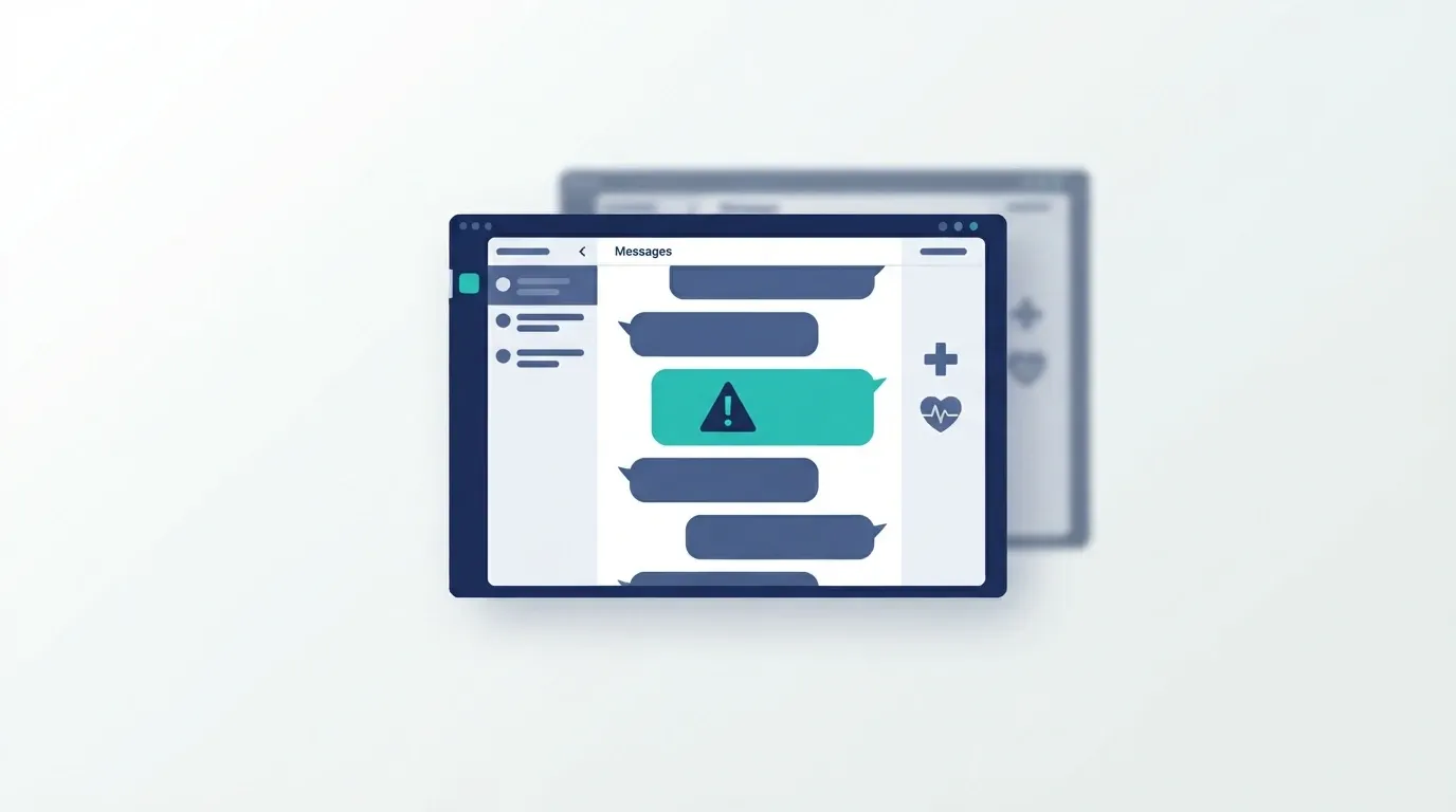 Stilisiertes Patienten-Messaging-Fenster mit hervorgehobener Warnnachricht und medizinischen Symbolen