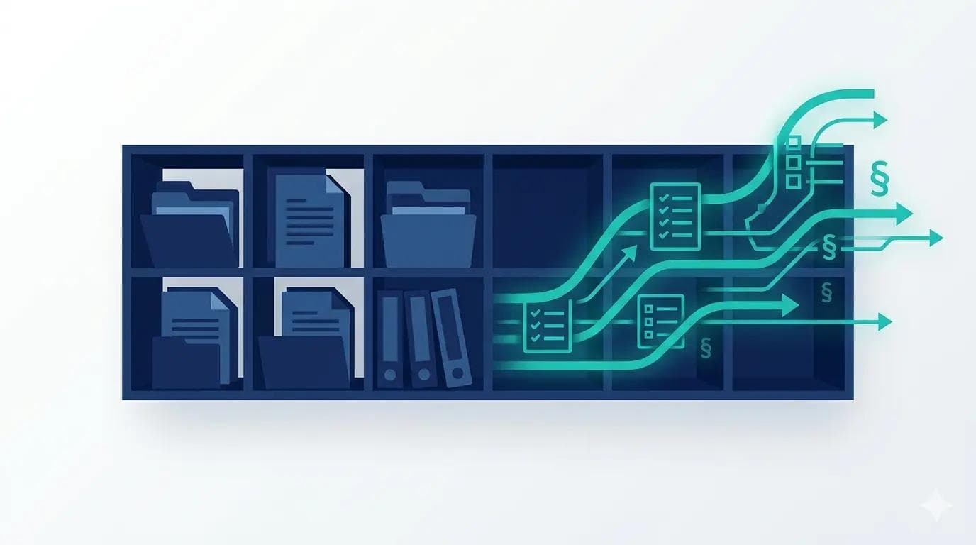 Shelf with documents and folders in dark blue, complemented by glowing teal checklists and paragraph symbols — representing the enhancement of an ISMS tool with NIS2 expertise