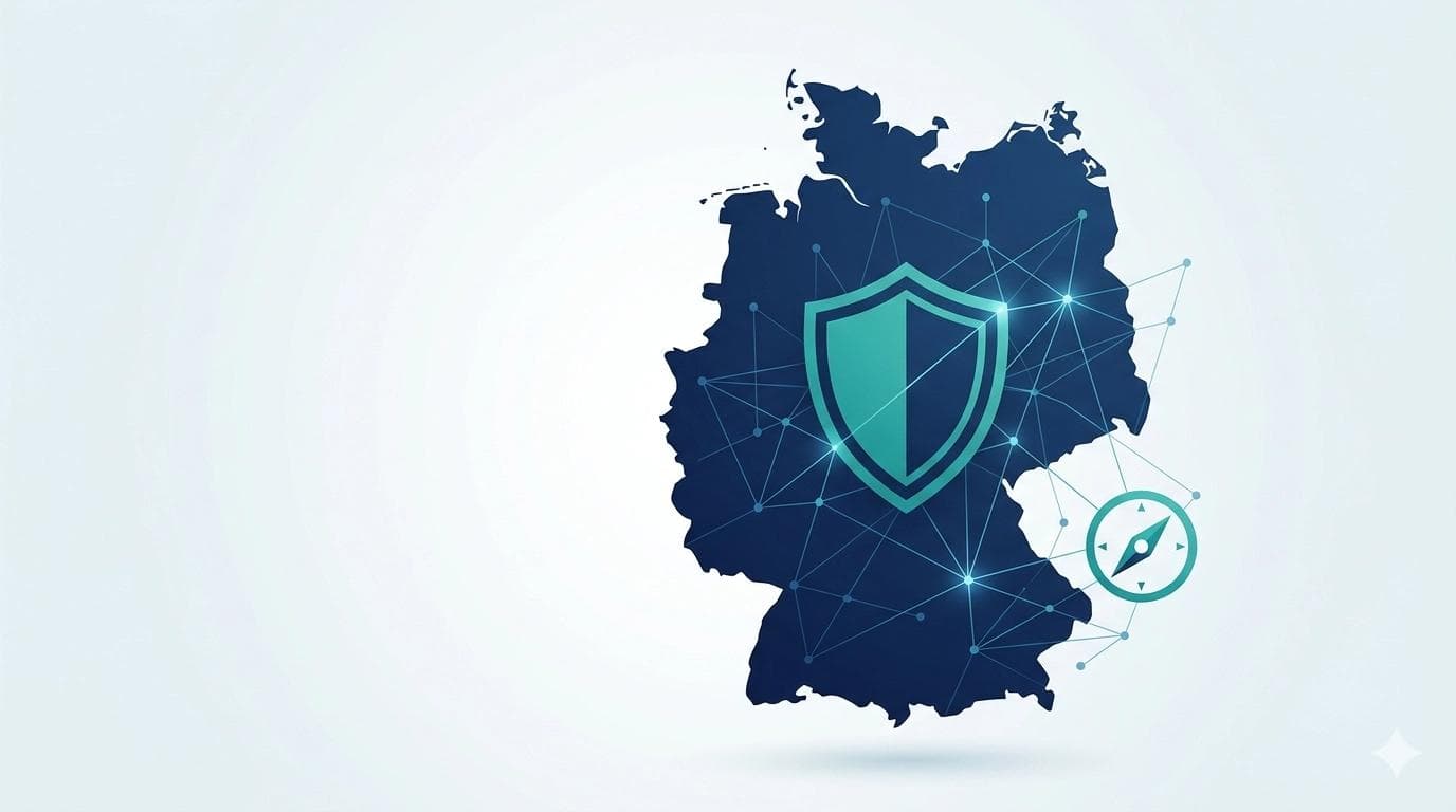 Stylized map of Germany in dark blue with shield, network connections and compass symbol in teal — representing NIS2 cybersecurity in Germany
