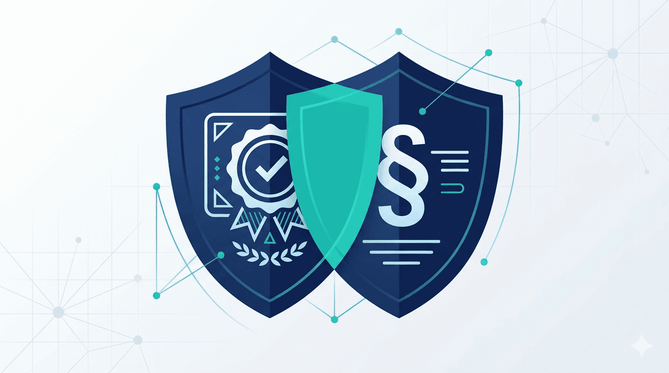 Two overlapping shields in dark blue with teal accent — left a certificate symbol for ISO 27001, right a paragraph symbol for NIS2