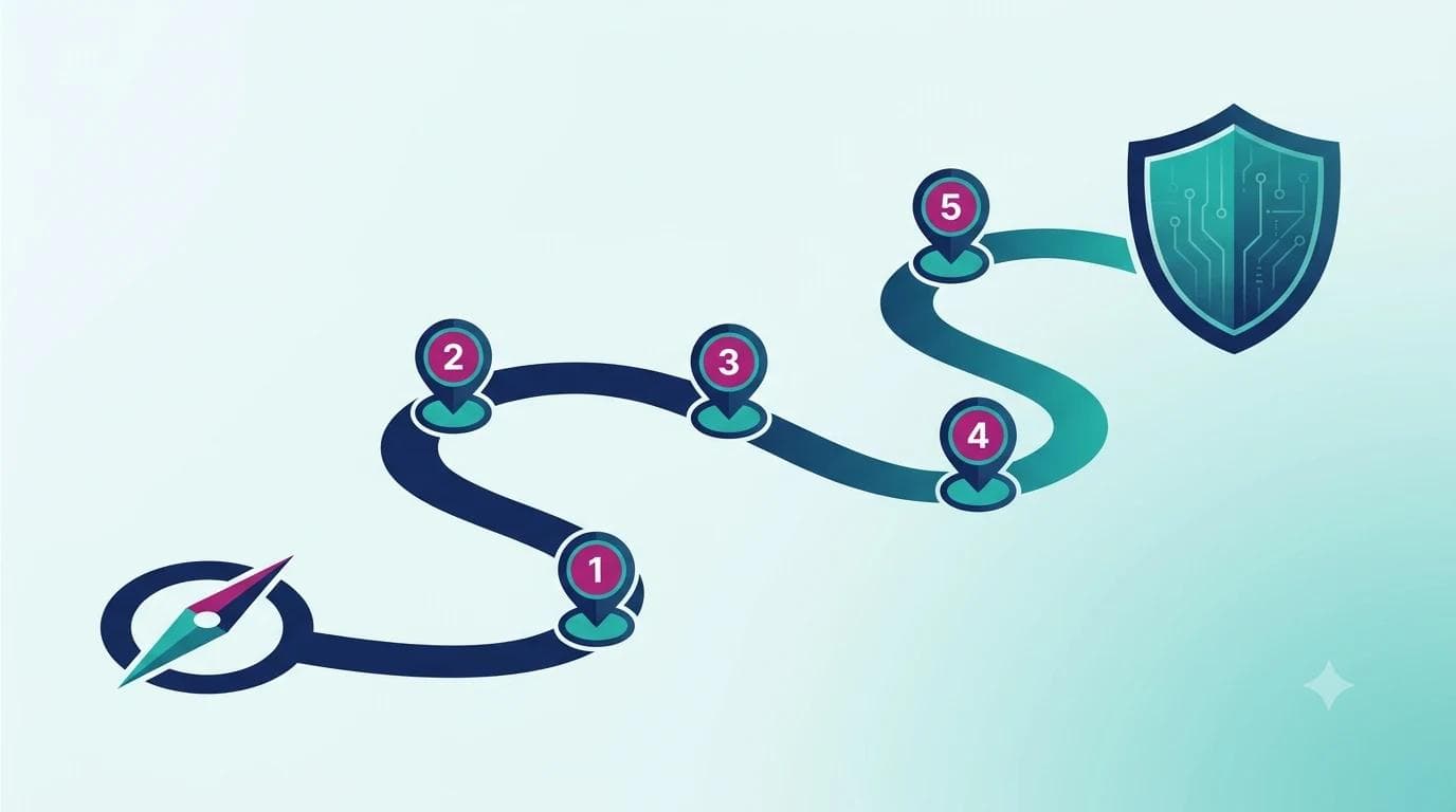 A winding path with five numbered waypoints and a compass needle leading to a protective shield – symbolising self-directed NIS2 implementation in five phases without a consultant