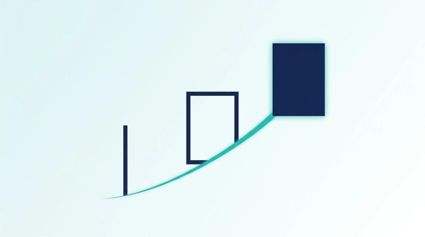 Abstract graphic: three ascending, time-staggered shapes in teal and dark blue symbolize the three-stage §32 BSIG notification cascade, from a narrow initial signal to a complete final shape