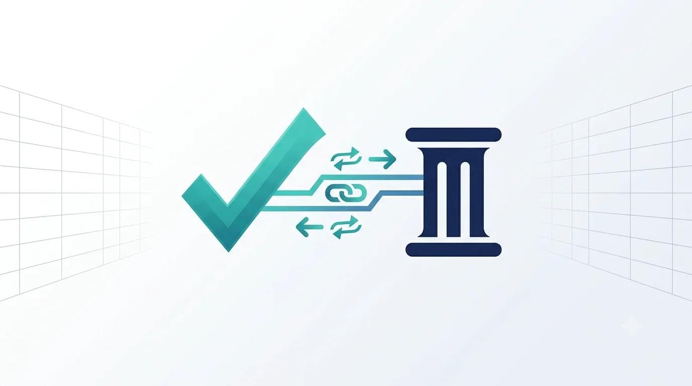 Stylised teal checkmark connected to a dark blue pillar via linking lines – symbolising the mapping between NIS2 and ISO 27001