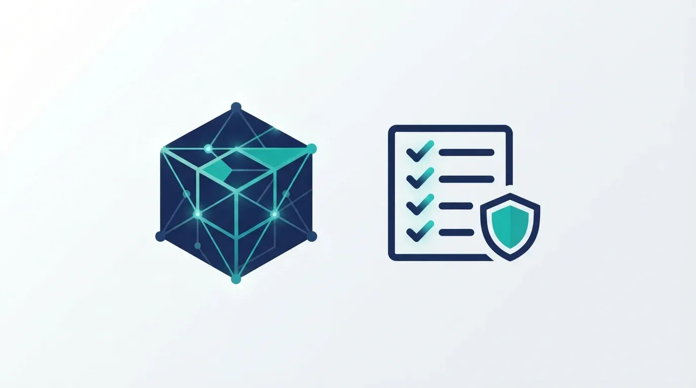 Stylised connected product cube next to a checklist with ticks and a shield, symbolising the check of your own role under the Cyber Resilience Act