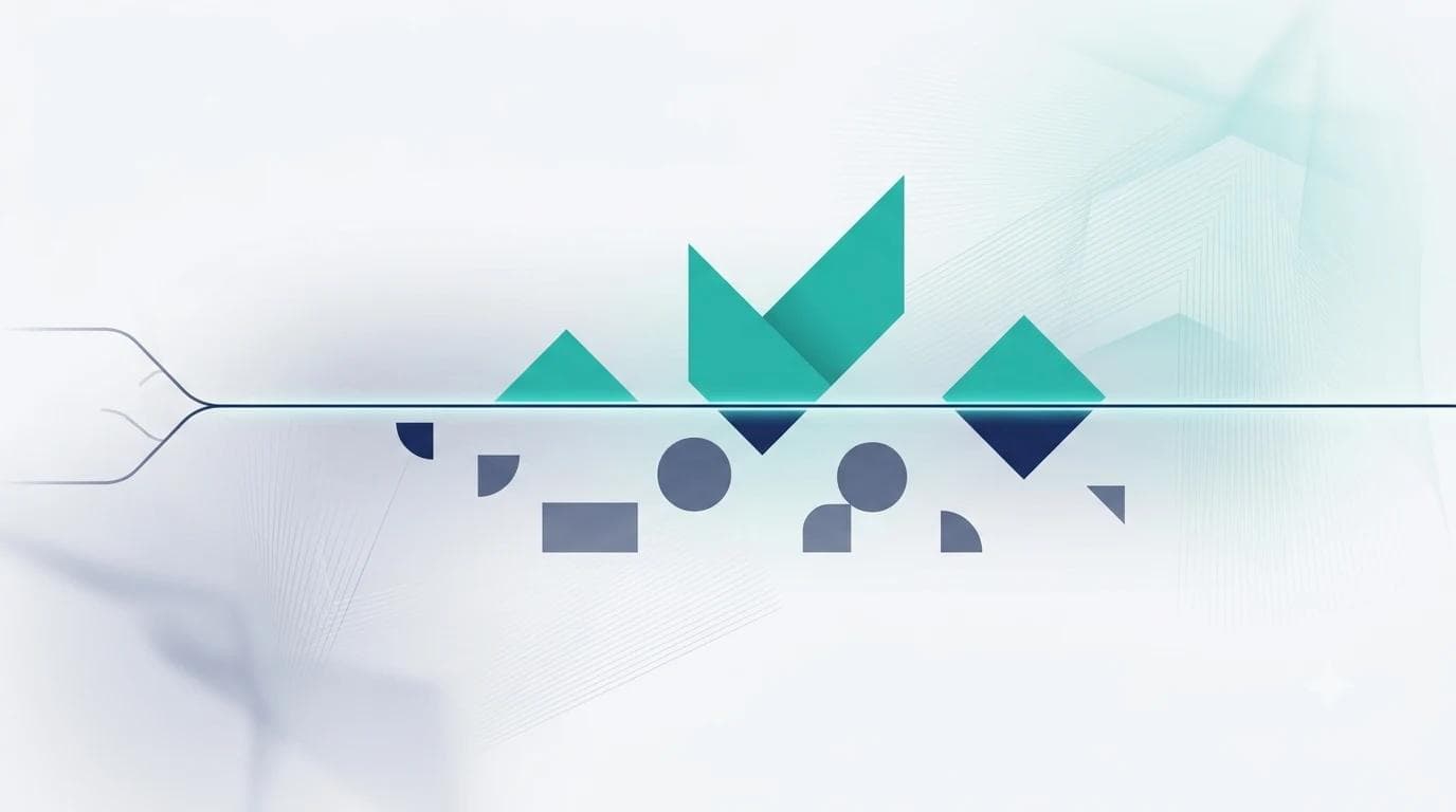 Abstrakte Grafik: eine dünne horizontale Schwellenlinie teilt das Bild. Darüber ragen große Formen in Teal hinaus, darunter bleiben kleinere blaugraue Formen. Links gabelt sich eine Linie als Entscheidungsweg – Symbolbild für die Erheblichkeitsschwelle nach § 2 Nr. 11 BSIG