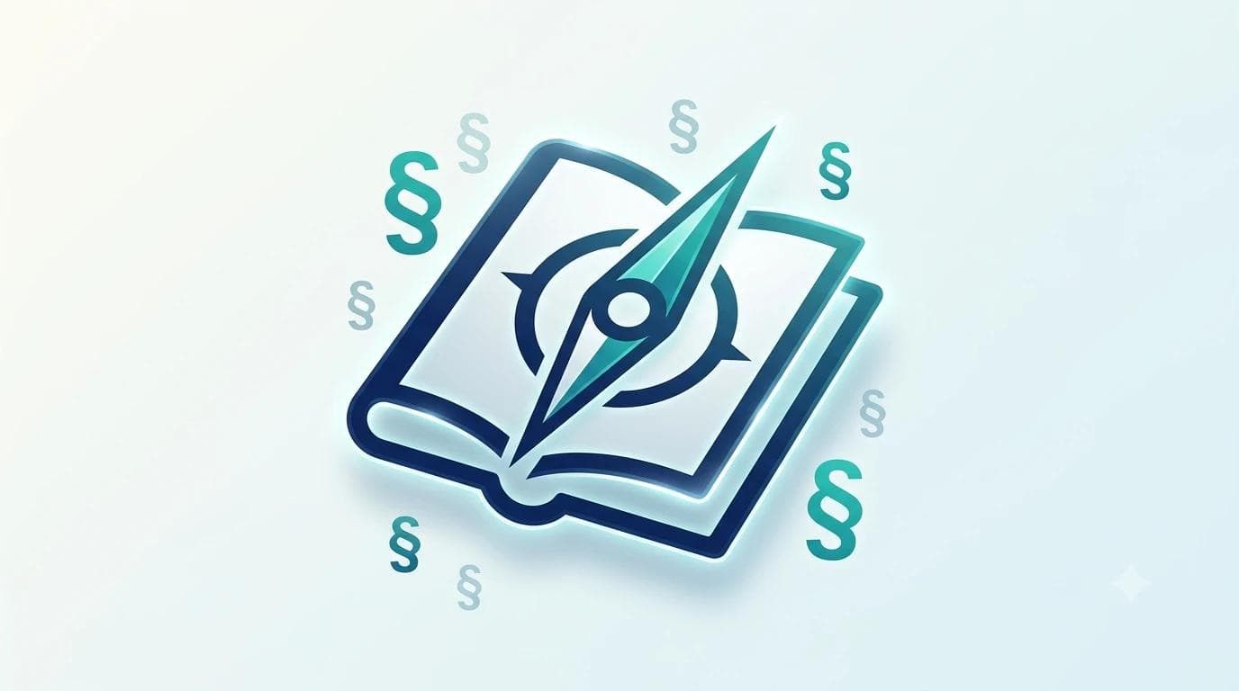 Aufgeschlagenes Gesetzbuch, aus dem eine Kompassnadel in Teal und Dunkelblau herausragt, umgeben von Paragraphen-Symbolen – Symbolbild für das NIS2UmsuCG