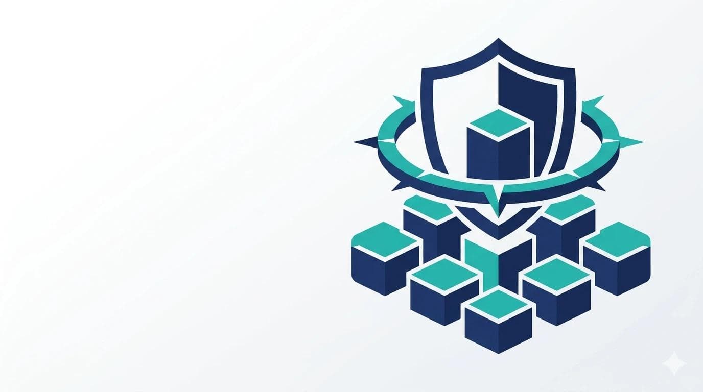Modular building blocks form a protective shield with compass ring — symbol for BSI IT-Grundschutz as a foundation for NIS2 compliance