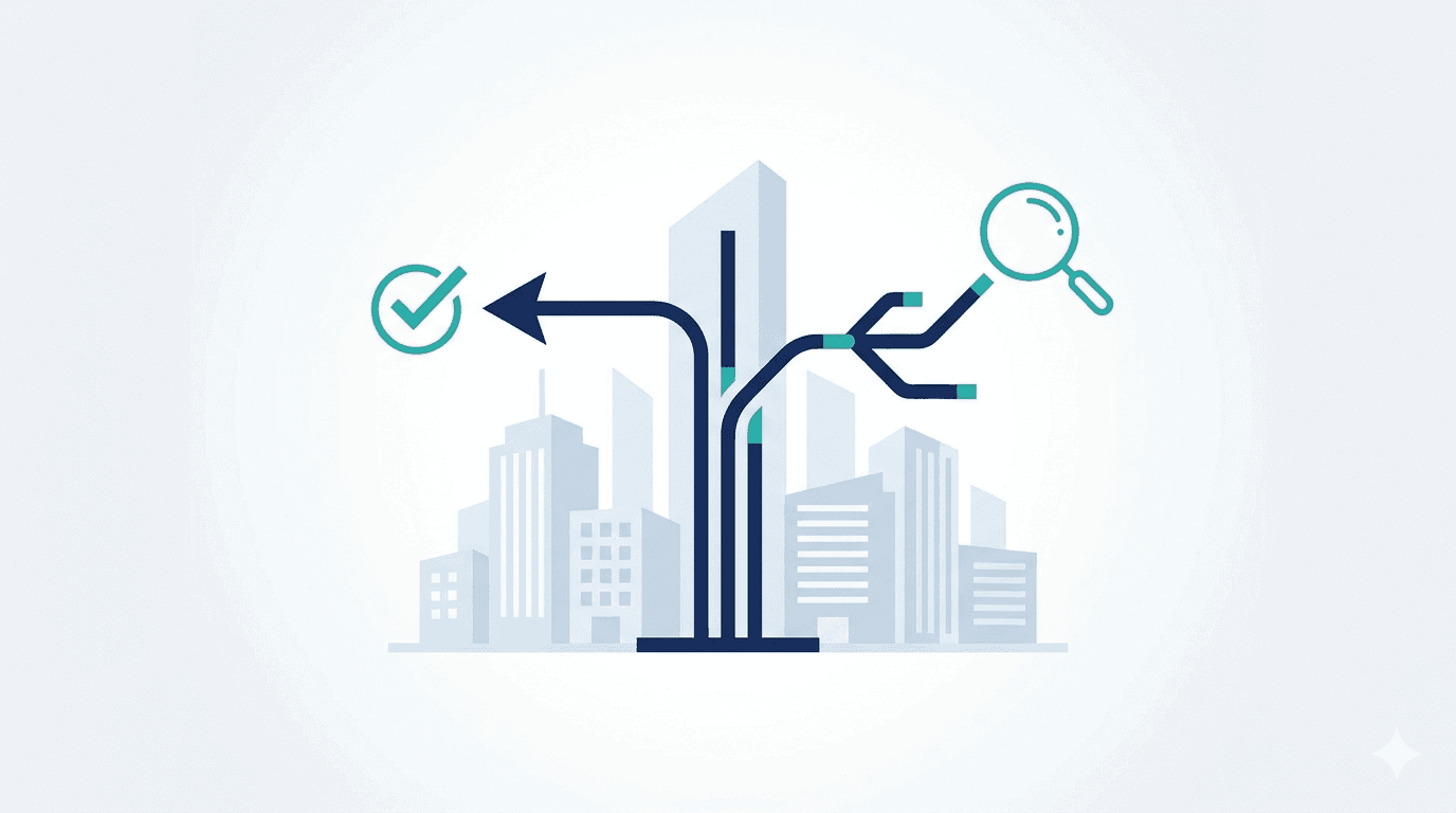 Stylized decision tree in dark blue and teal against building silhouettes — representing the NIS2 applicability check with magnifying glass and checkmark