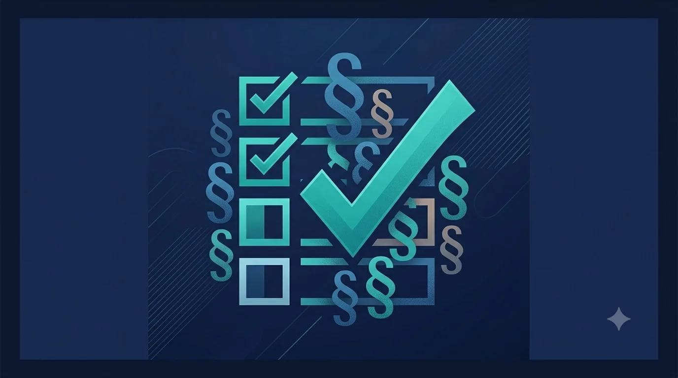 Stylised checklist with checkmarks and section-sign symbols in dark blue and teal – symbolising the NIS2 checklist as an Excel template